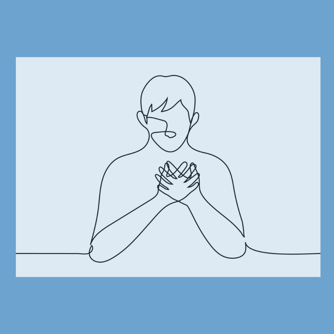 Minimalistische Strichzeichnung einer sitzenden Person mit über der Brust gekreuzten Händen und leicht gesenktem Kopf.