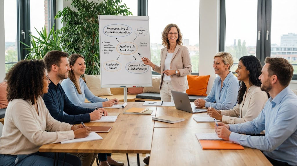 Symbolbild für Seminare und Workshops: Menschen in einem Seminarraum im Austausch