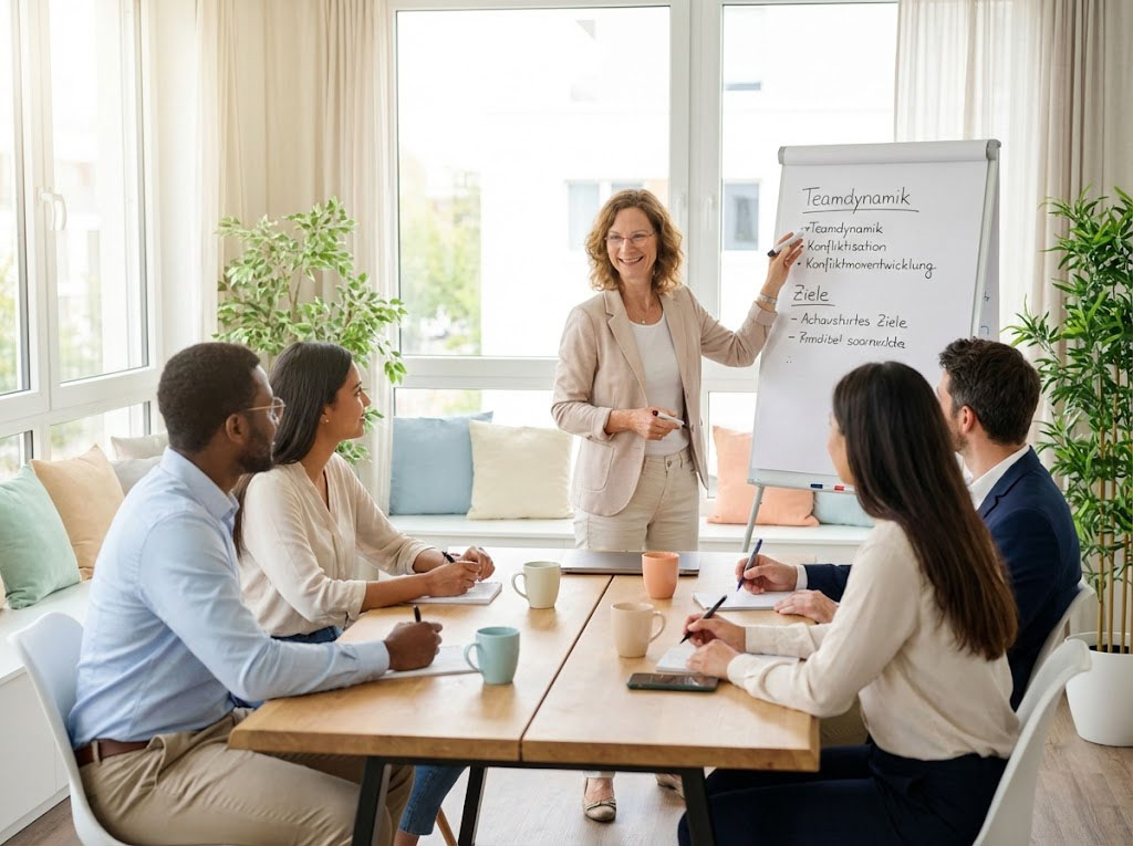 Symbolbild für Teamcoaching: Menschen in einem Seminarraum im Austausch